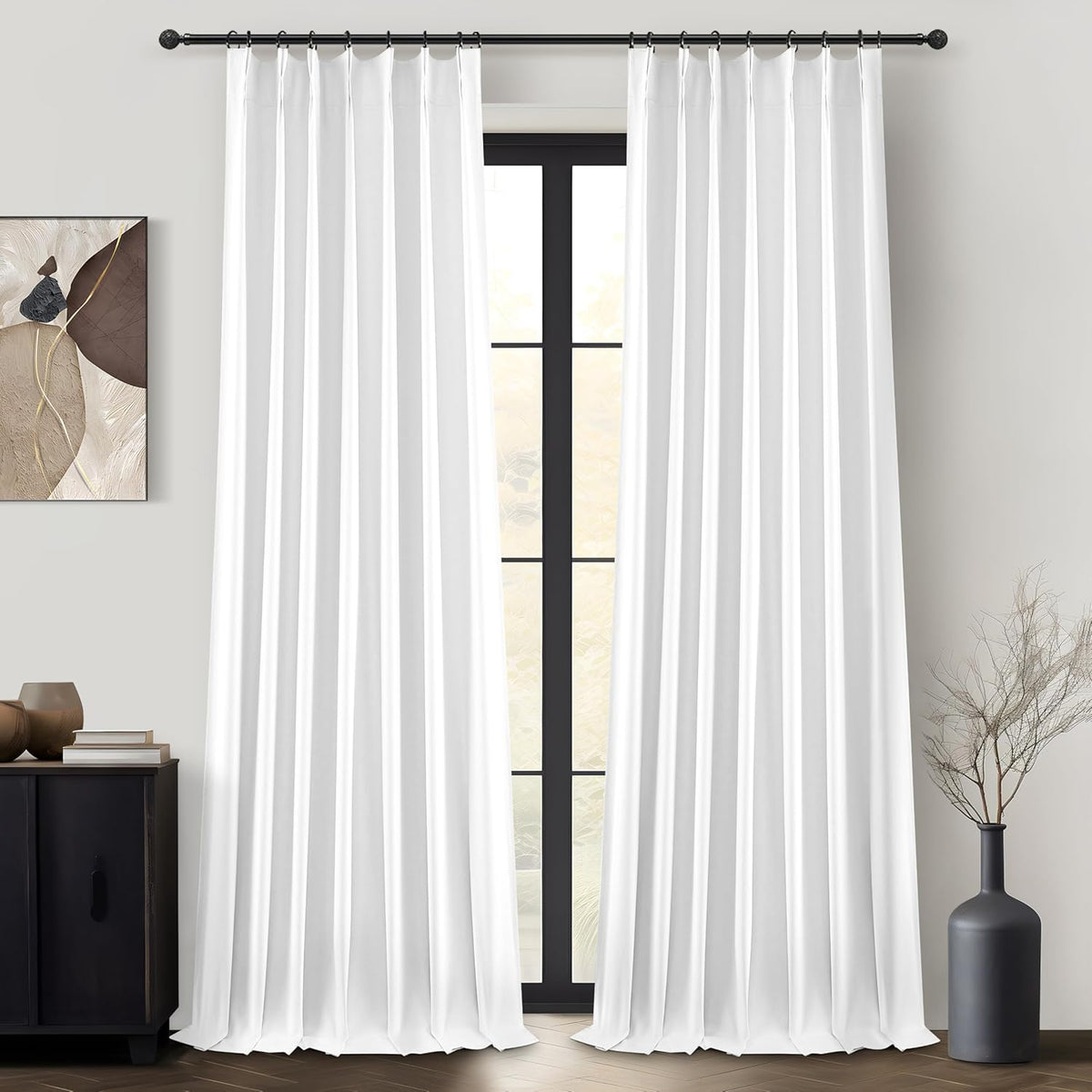 Bright White Full Blackout Natural Linen 100 Inch Curtains Para Sala 2 Panels Set, Memory Shape
