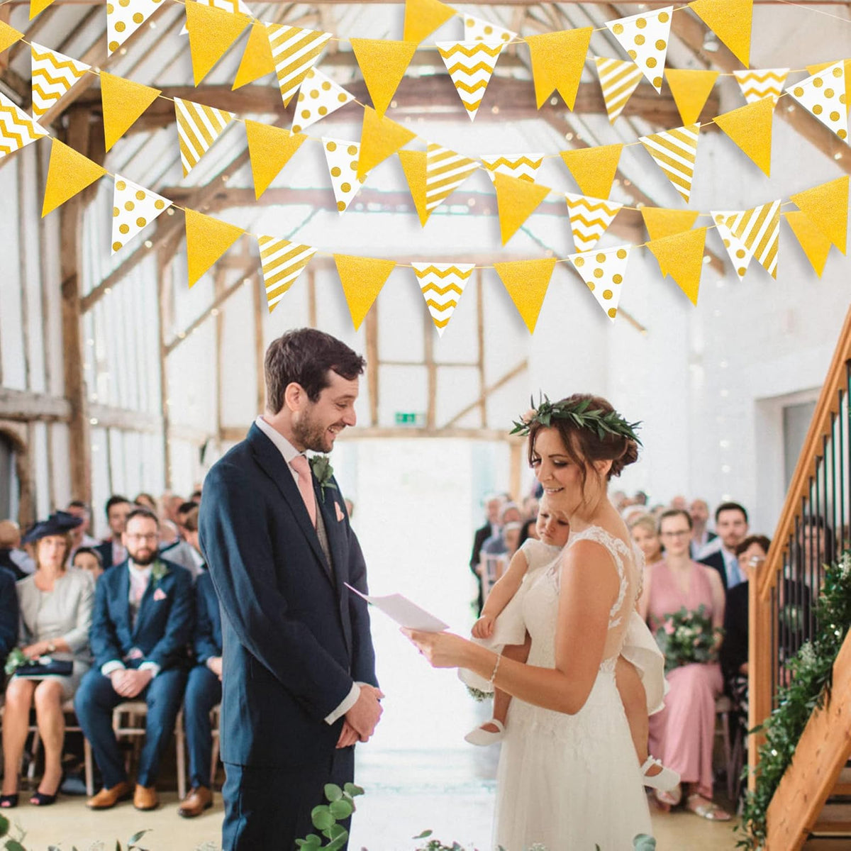 39Ft White and Gold Party Decorations Polka Dot Stripe Triangle Pennant Banner Glitter Foil Paper