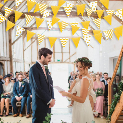 39Ft White and Gold Party Decorations Polka Dot Stripe Triangle Pennant Banner Glitter Foil Paper