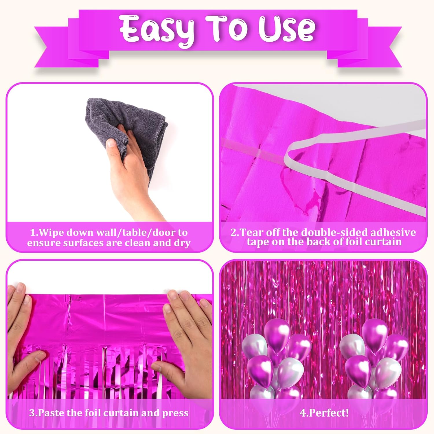 3 Pack 3.3x8.2 Feet Pink Foil Fringe Backdrop Curtains, Tinsel Streamers Birthday Party