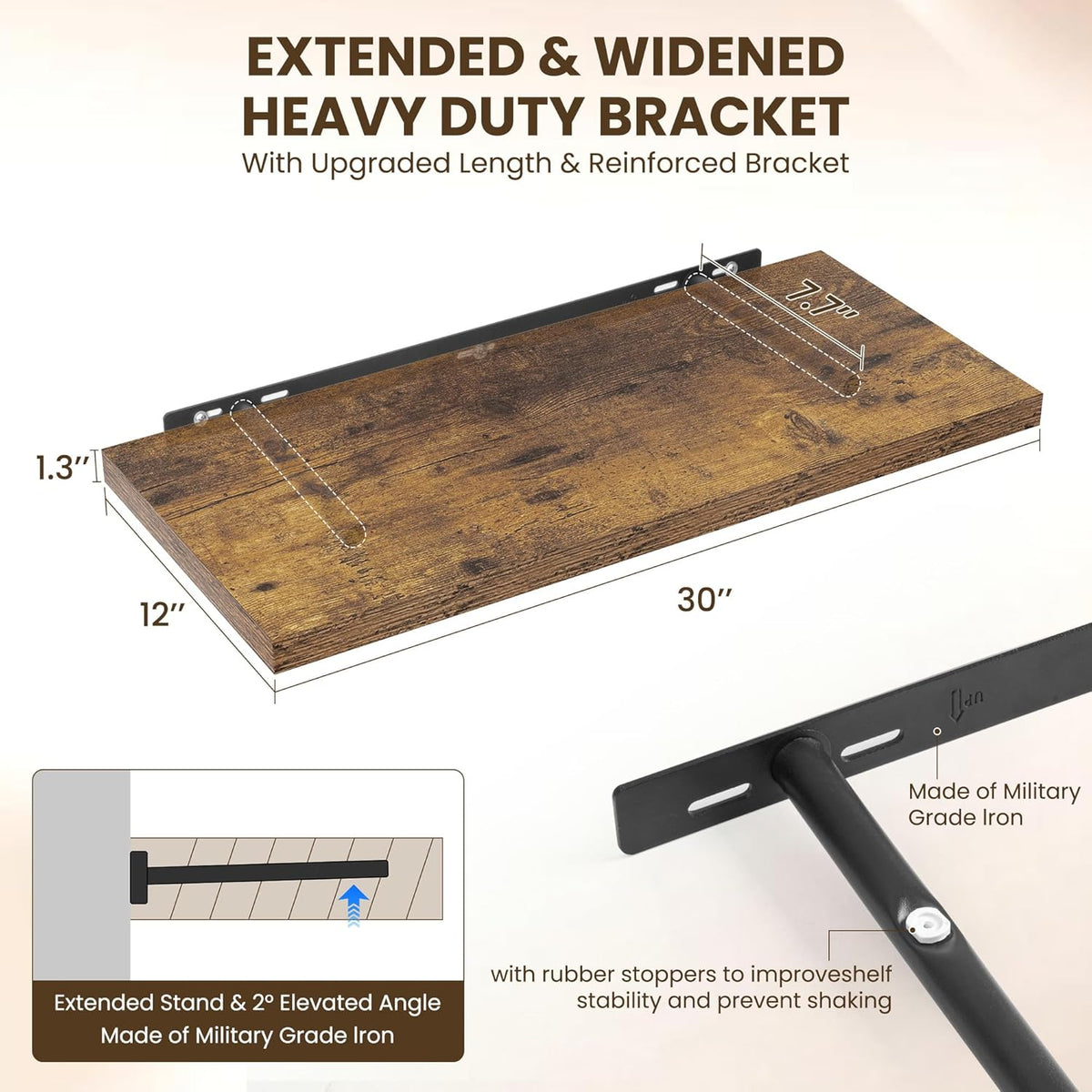 30" Floating Shelves for Wall, 12" Deep Slim Rustic Brown Floating Shelves, Wall-Mounted Shelves