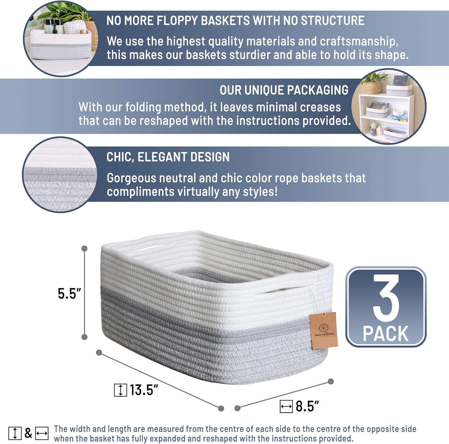 NaturalCozy 13.5”x8.5”x5.5” Storage Baskets for Shelves 3 Pack | Cotton Rope Woven Small Baskets