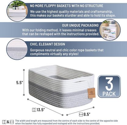 NaturalCozy 13.5”x8.5”x5.5” Storage Baskets for Shelves 3 Pack | Cotton Rope Woven Small Baskets