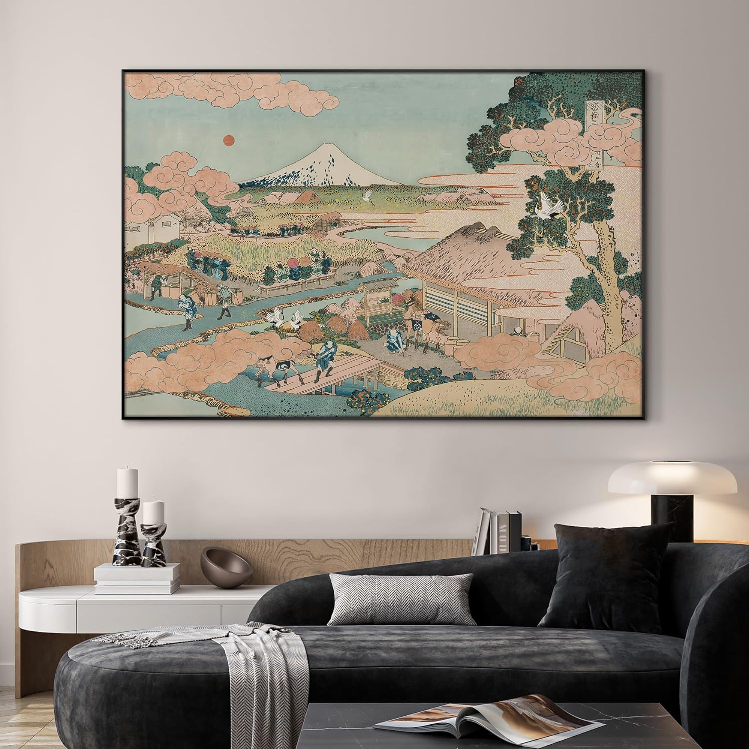 SIGNWIN 46"x72" Extra Large Framed Wall Art Japanese Ukiyo-e Landscape, Timeless Mt. Fuji Scene for