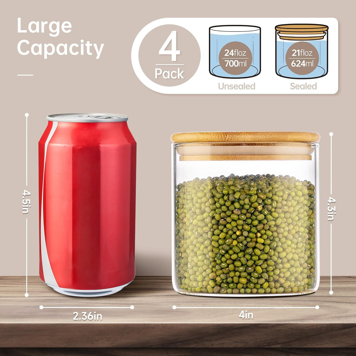 21oz - 4 Pack Glass Jars with Bamboo Lids, Glass Food Storage Containers with Airtight Lids, Air