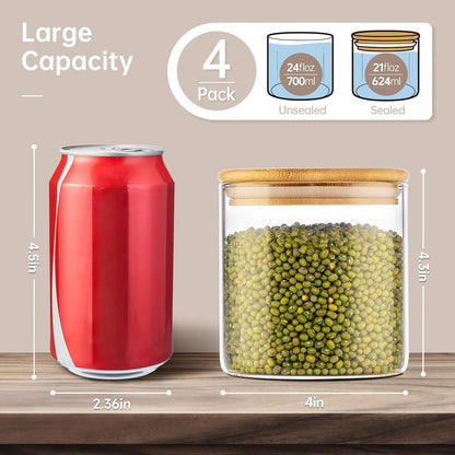 21oz - 4 Pack Glass Jars with Bamboo Lids, Glass Food Storage Containers with Airtight Lids, Air