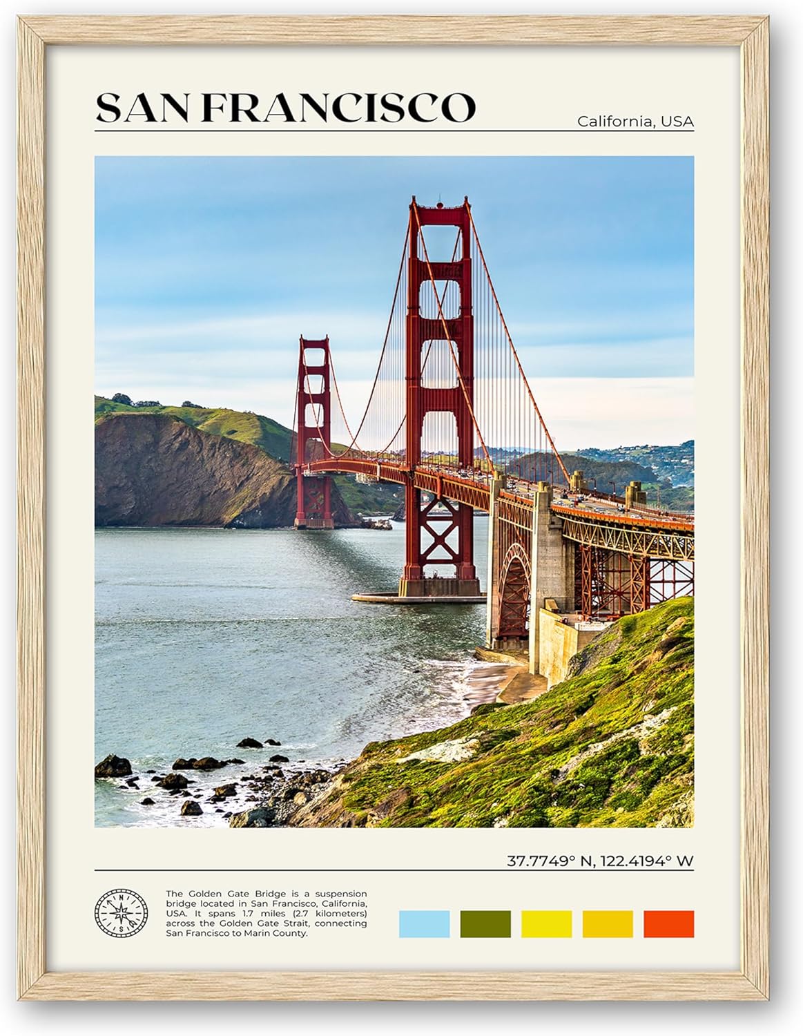 HesenDot Natural OAK Wood Golden Gate Bridge Framed Wall Art,12x16in San Francisco City Skyline