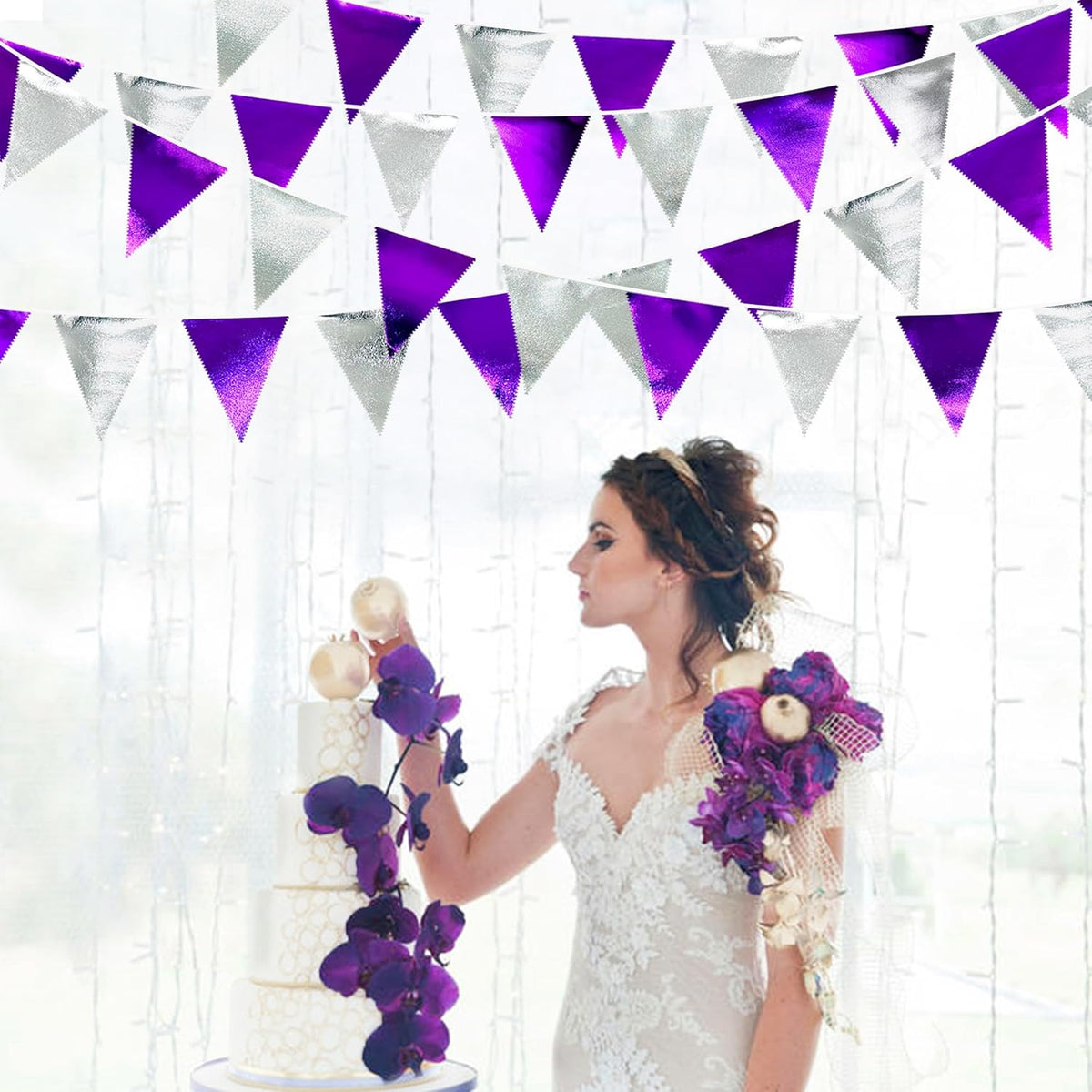 Purple and Silver Party Decorations Triangle Pennant Banner Flag Metallic Fabric Bunting Garland