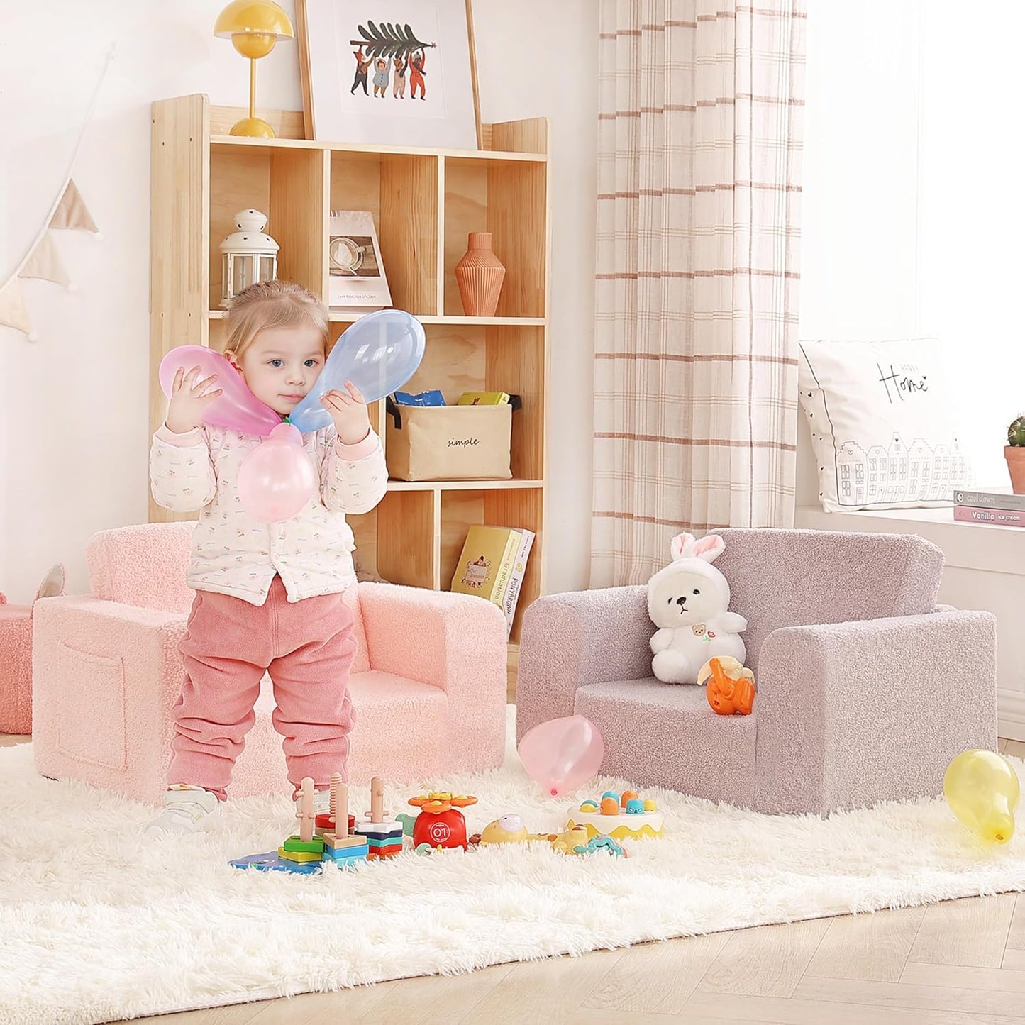 Toddler Chair Sherpa Kids Couch, 2-in-1 Toddler Soft Kids Sofa Toddler Lounger Chair for Bedroom