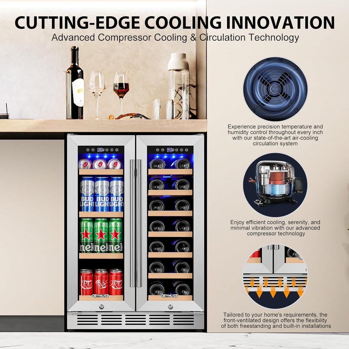 24 Inch Dual Zone Wine and Beverage Refrigerator, Built-in or Freestanding Cooler with French