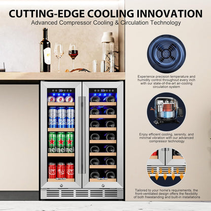 24 Inch Dual Zone Wine and Beverage Refrigerator, Built-in or Freestanding Cooler with French