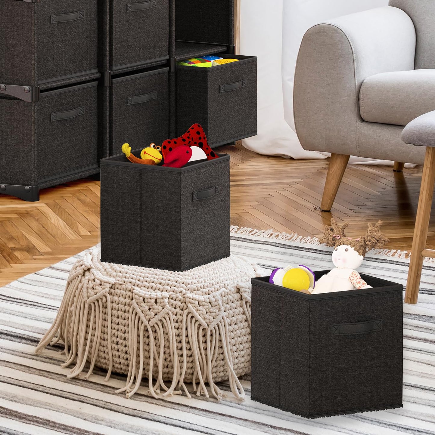 Nestl Foldable Fabric Storage Bins - 6 Cube Organizer with Handles, Black, 11-Inch for Bedroom