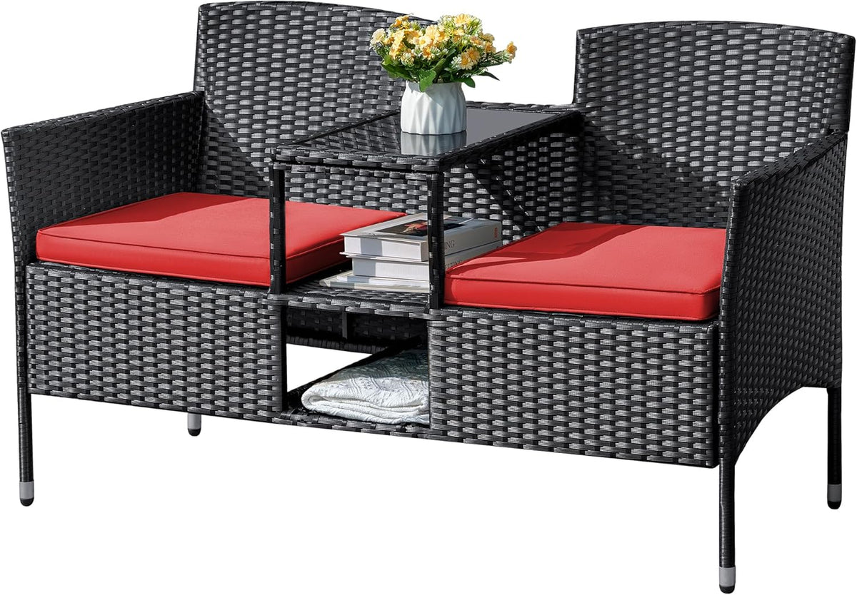 Flamaker Outdoor Furniture Patio Loveseat Wicker 2-Seat with Built-in Table and Cushions Rattan