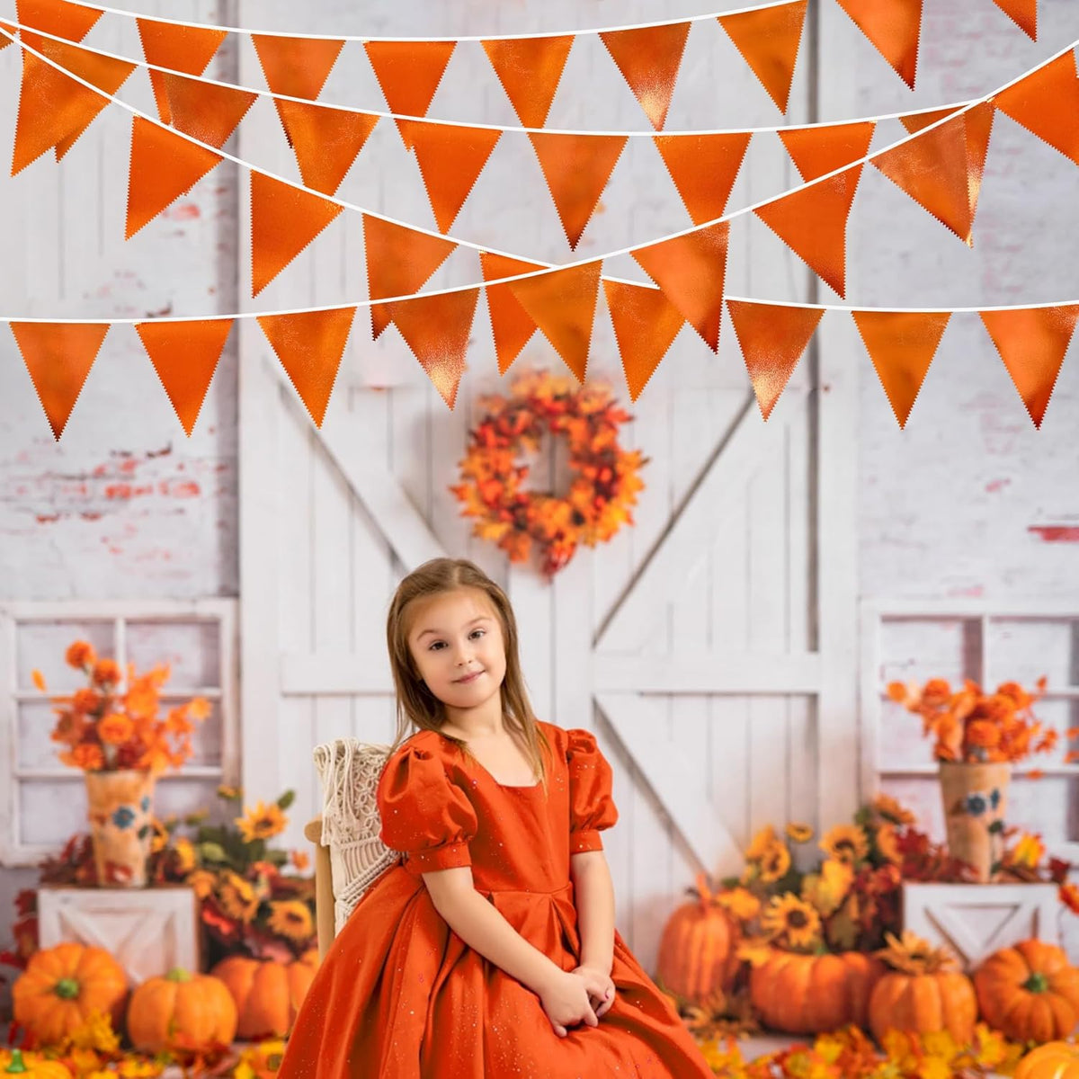 Orange Party Decorations Metallic Fabric Triangle Pennant Banner Flag Bunting Garland for Fall