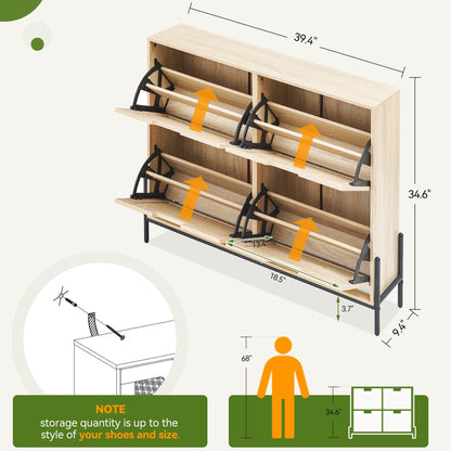 IDEALHOUSE Rattan Shoe Storage Cabinet with 4 Flip Drawers, Freestanding Shoe Organizer with