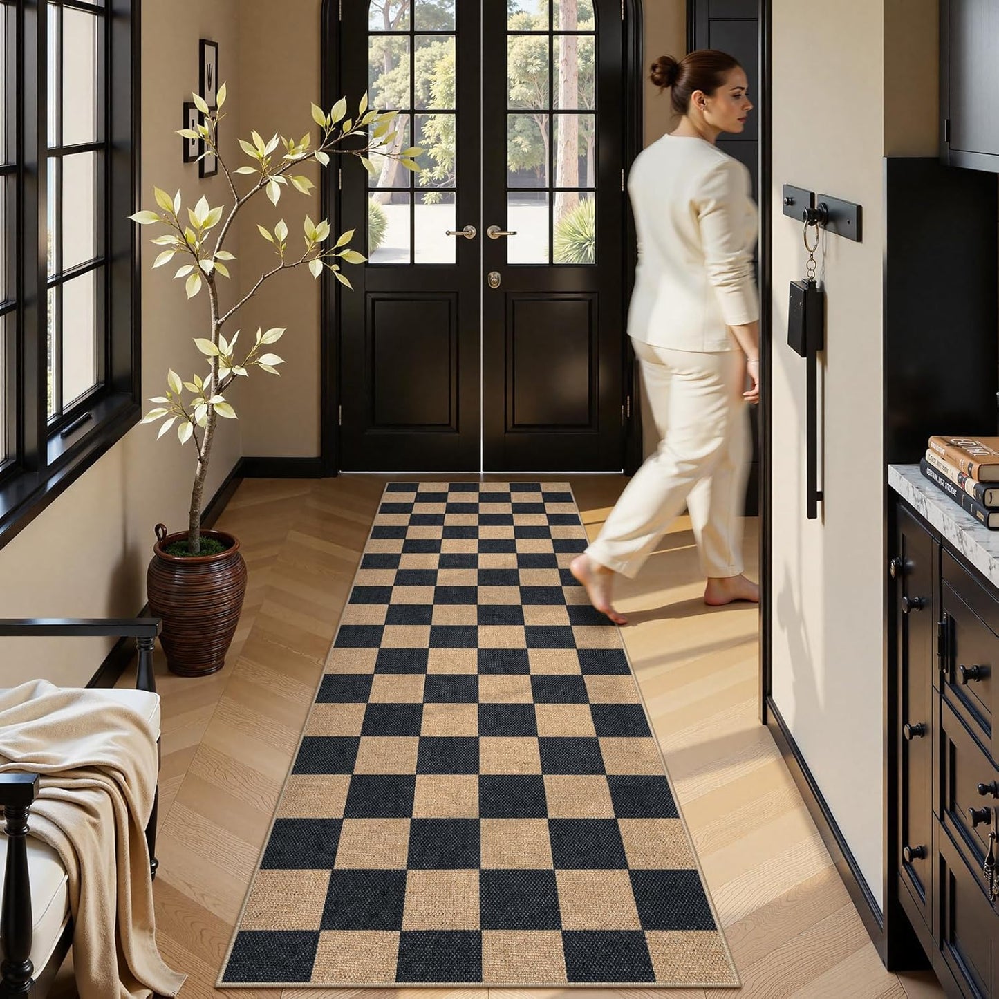 Lahome Checkered Easy Jute Runner Rug, 2x8 Kitchen Rug Non Slip Washable Outdoor Runner for