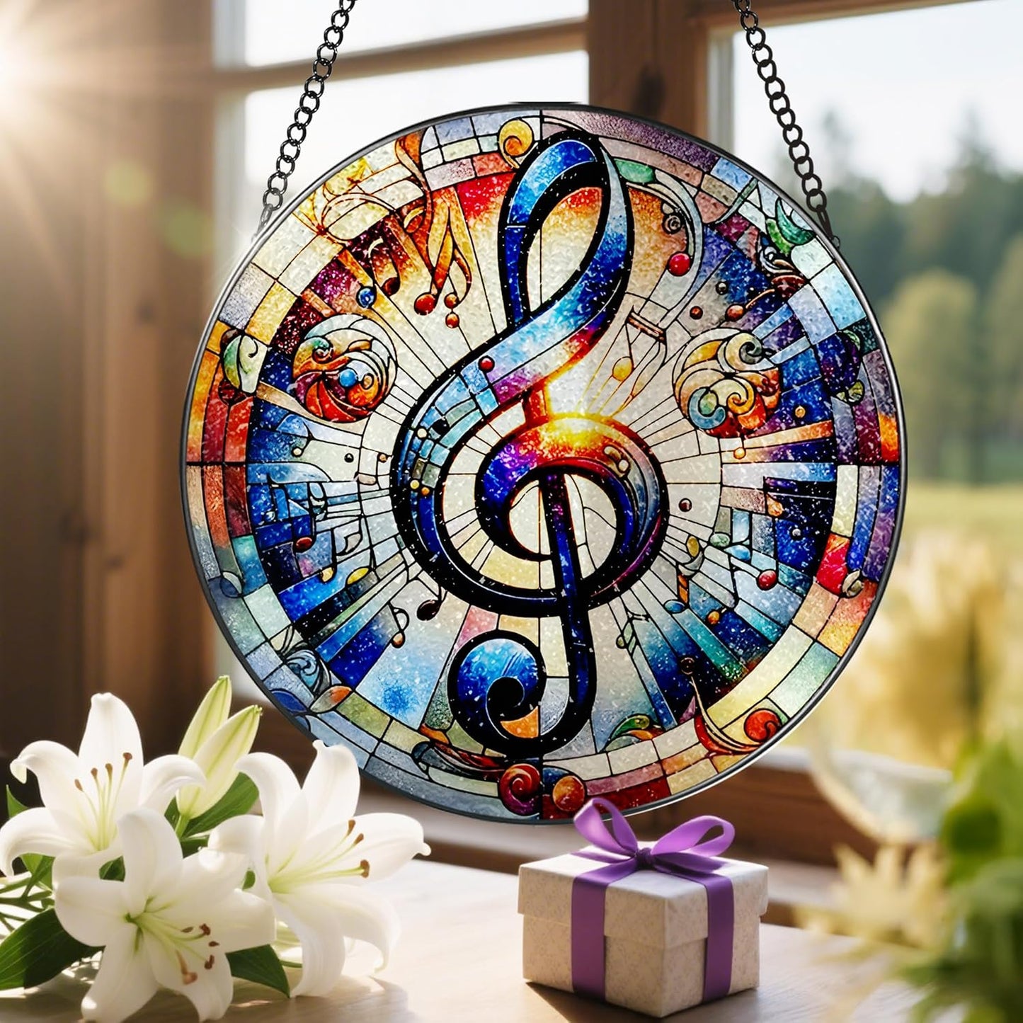 Stained Glass Window Hanging, LAOWEIKI 8'' Musical Note Suncatcher, Stained Glass Ornament