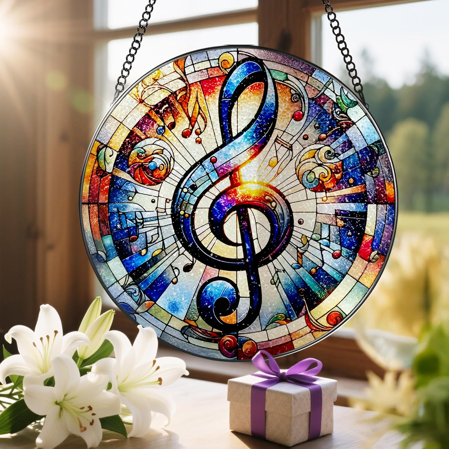 Stained Glass Window Hanging, LAOWEIKI 8'' Musical Note Suncatcher, Stained Glass Ornament