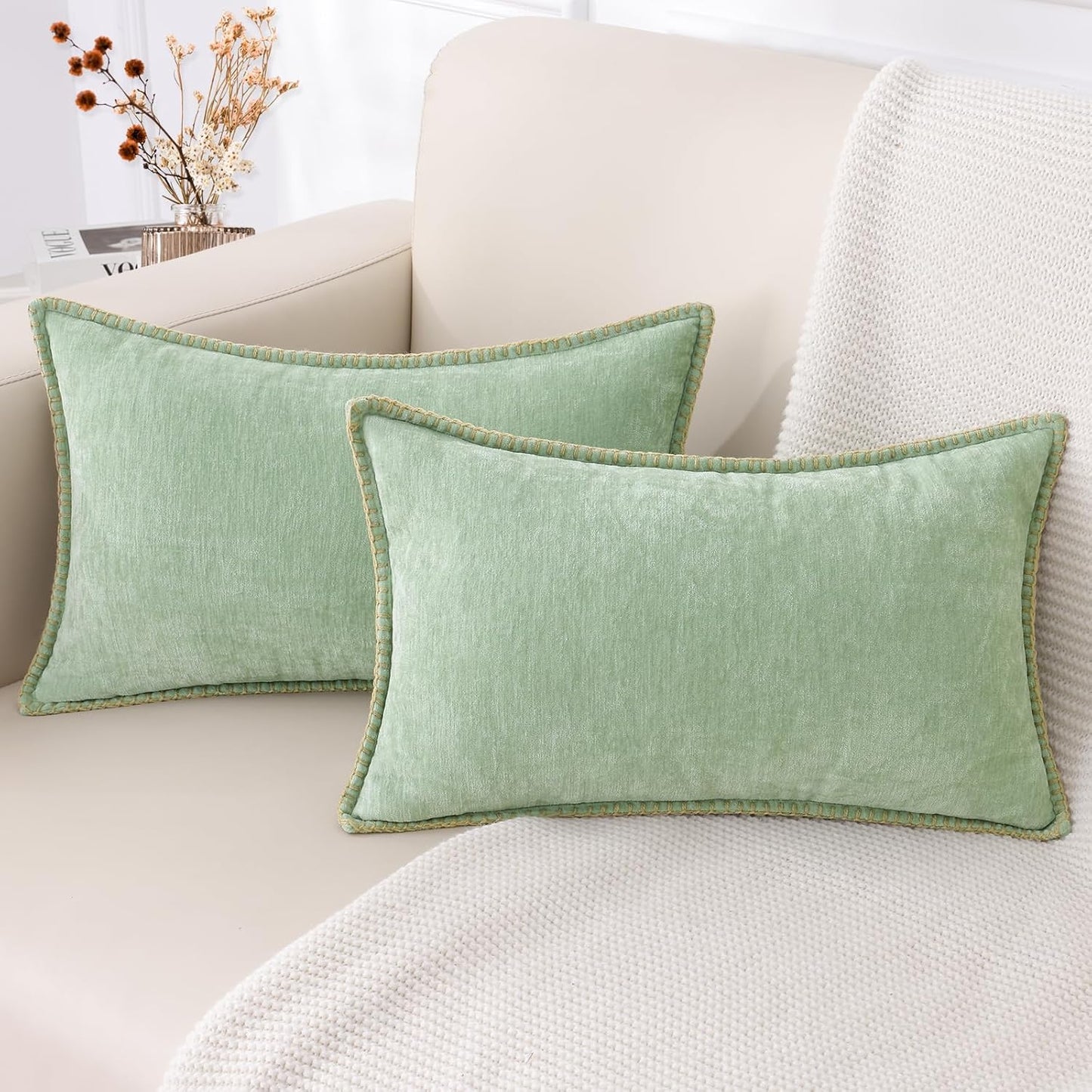 decorUhome Chenille Soft Throw Pillow Covers 12x20 Set of 2, Lumbar Velvet Farmhouse Neutral