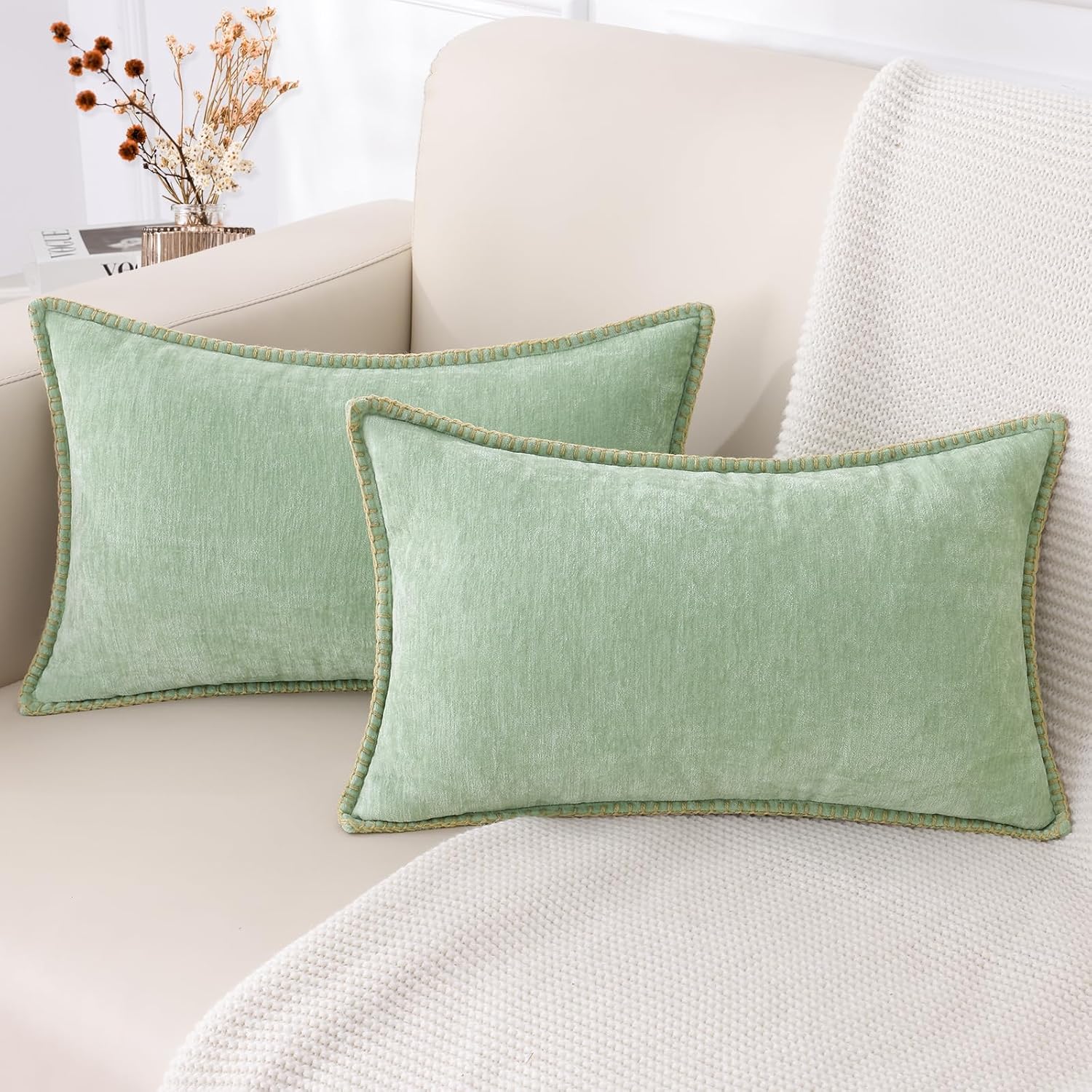 decorUhome Chenille Soft Throw Pillow Covers 12x20 Set of 2, Lumbar Velvet Farmhouse Neutral