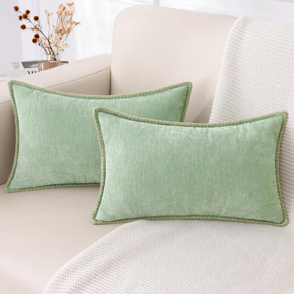 decorUhome Chenille Soft Throw Pillow Covers 12x20 Set of 2, Lumbar Velvet Farmhouse Neutral