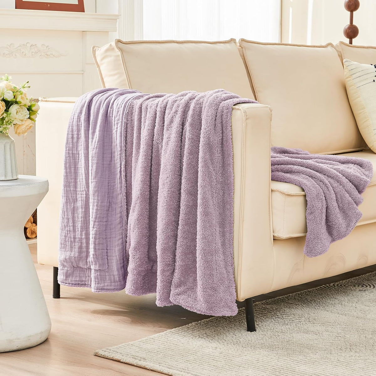 EMME Muslin and Fleece Throw Blanket Reversible - 50"*60" Lavender Soft Warm Throw Blankets for