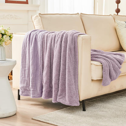 EMME Muslin and Fleece Throw Blanket Reversible - 50"*60" Lavender Soft Warm Throw Blankets for