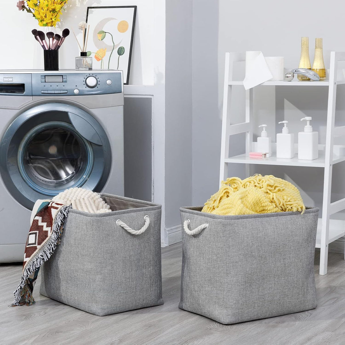 Bidtakay Collapsible Storage Bins for Clothes Large Grey Storage Baskets with Cotton Handles