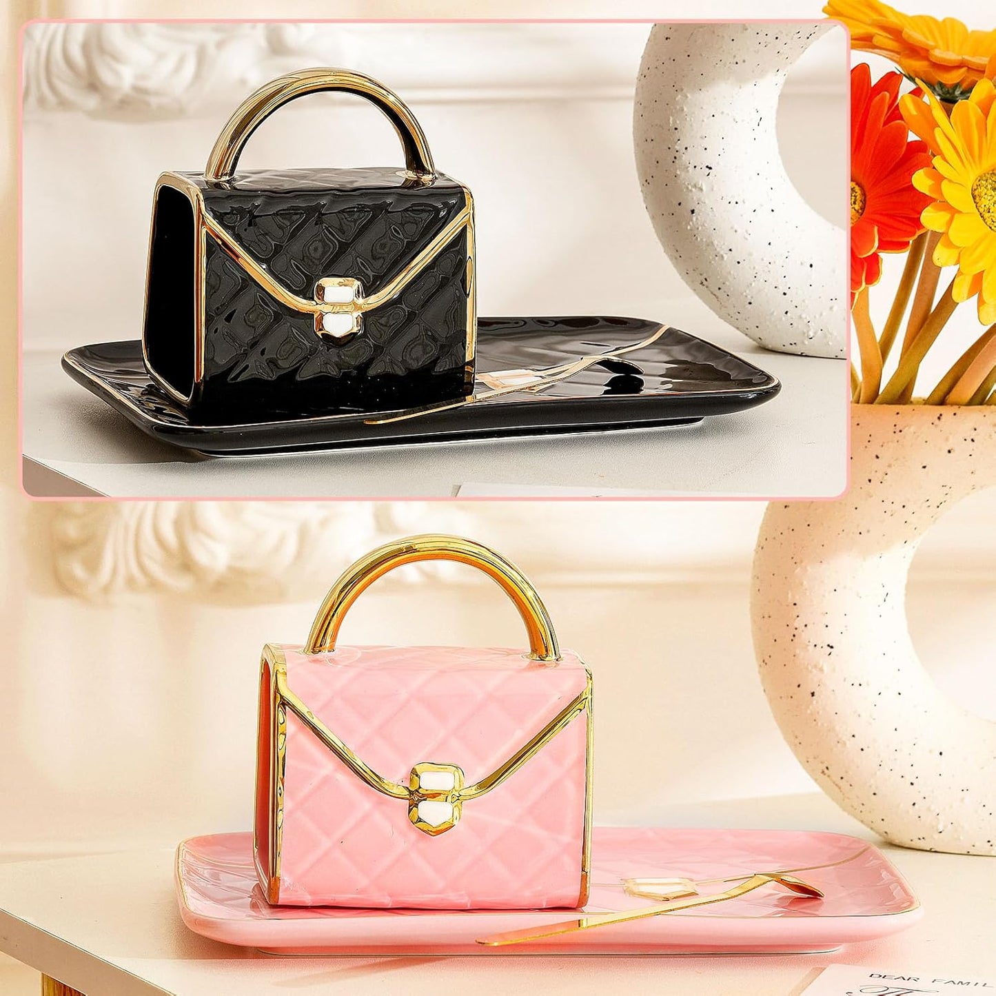Zubebe 2 Sets Coffee Mug Elegant Handbag Shaped Cup Modern Ceramic Purse Mug with Spoon and Saucer