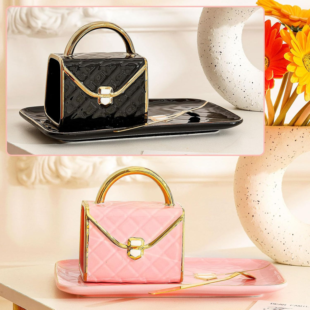 Zubebe 2 Sets Coffee Mug Elegant Handbag Shaped Cup Modern Ceramic Purse Mug with Spoon and Saucer