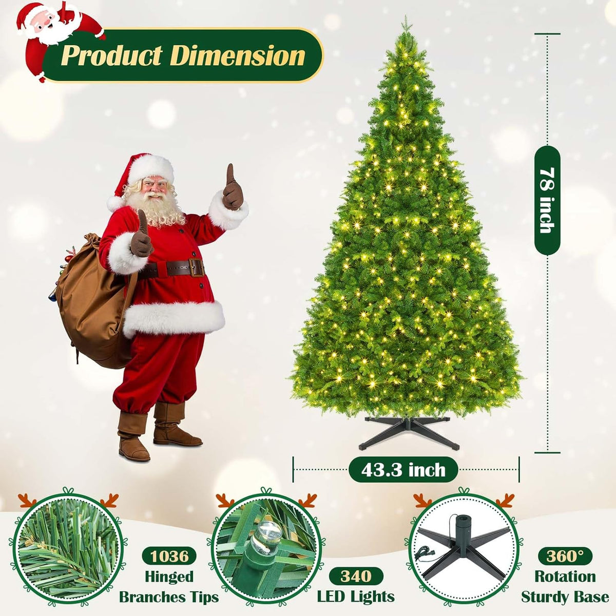 6.5FT Pre-Lit Christmas Tree with Remote Control, Multi-Color LED Lights, Musical Rotating