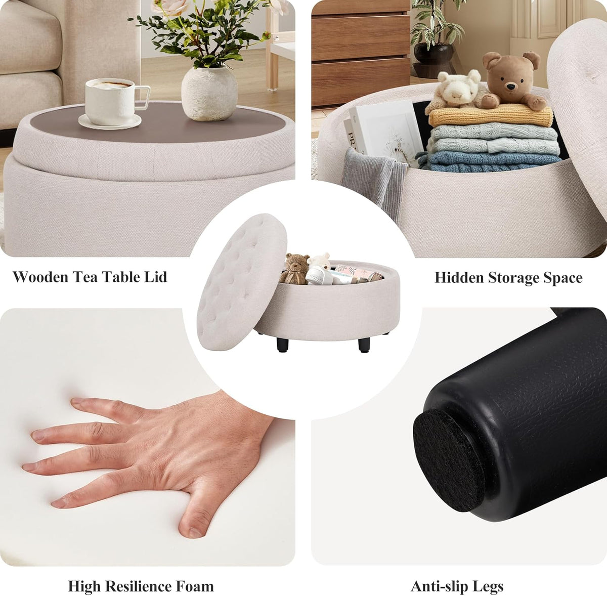 COLAMY Fabric Round Storage Ottoman with Reversible Tray Lid – Multi-Functional Footrest, Hidden