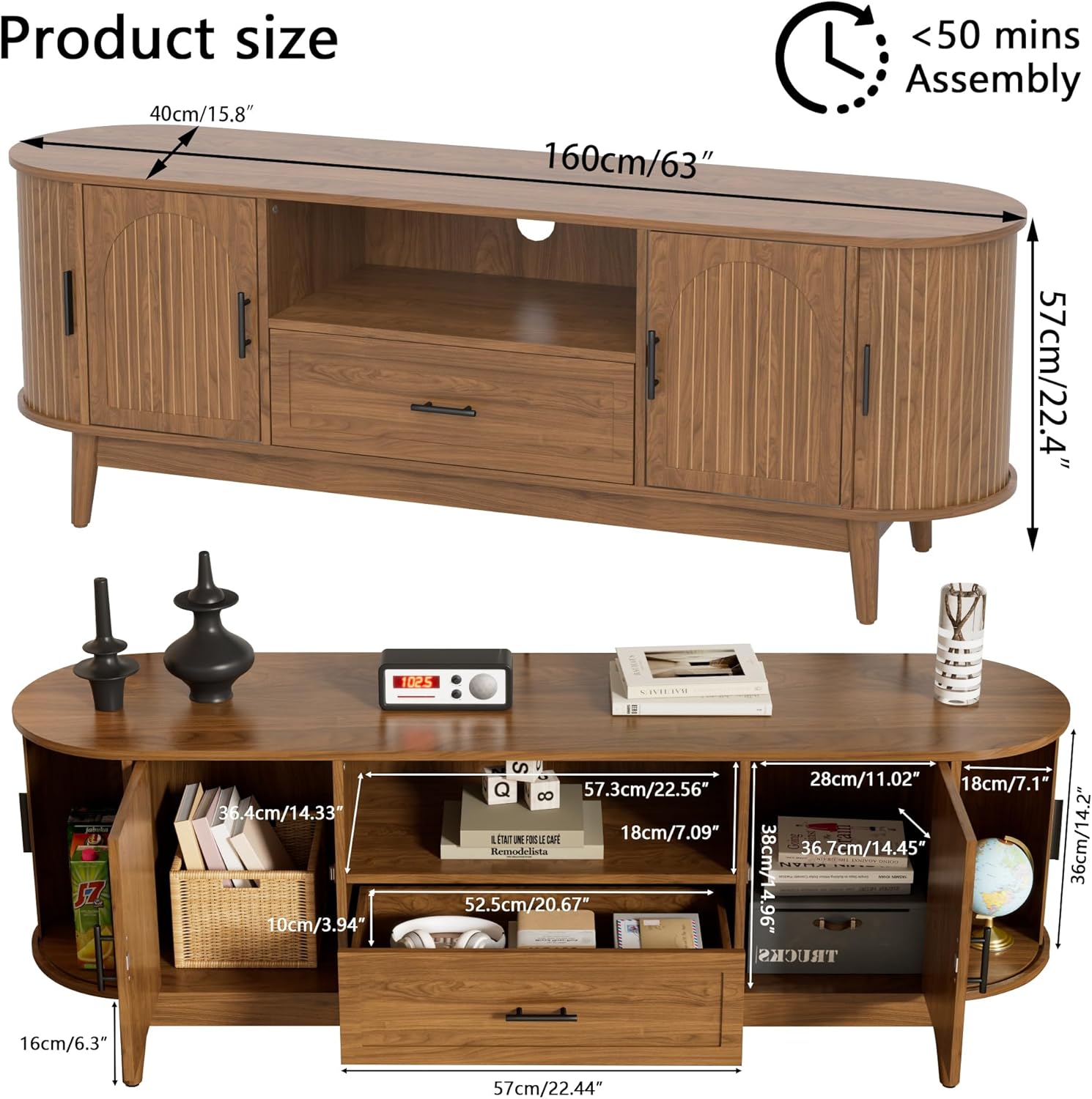 63" Fluted TV Stand for Tvs up to 70", Mid-Century Modern Entertainment Center with Drawers and
