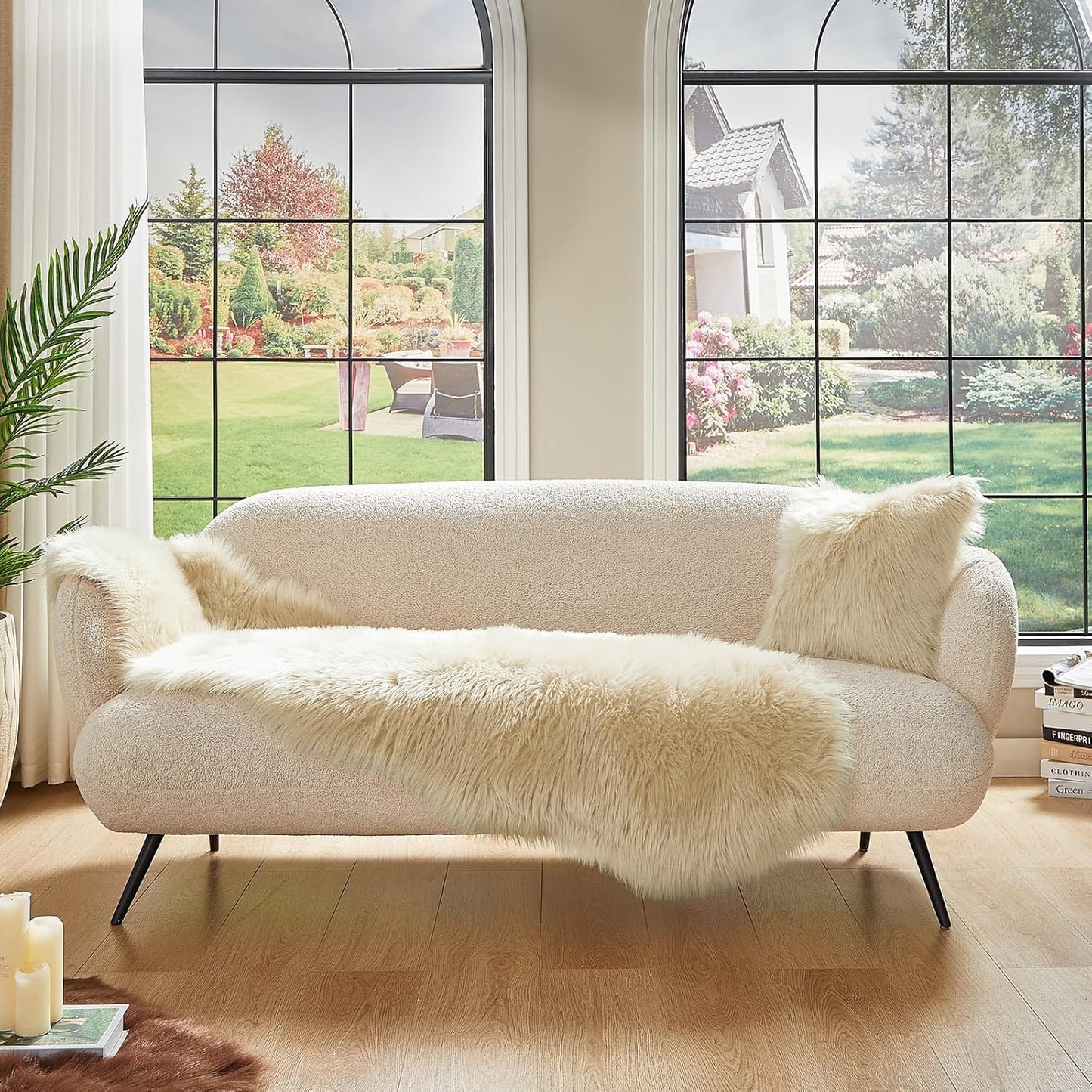 AMTOVO Faux Sheepskin Rug, Beige Ultra Soft Fluffy Shag Area Rug, 2 x 6 ft Faux Fur Rug for Bedroom