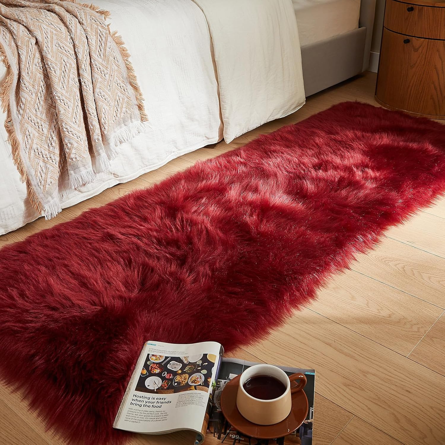 AMTOVO Faux Fur Rug, Burgundy Ultra Soft Fluffy Shag Sheepskin Rug, 2 x 6 ft Runner Area Rugs for