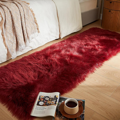AMTOVO Faux Fur Rug, Burgundy Ultra Soft Fluffy Shag Sheepskin Rug, 2 x 6 ft Runner Area Rugs for