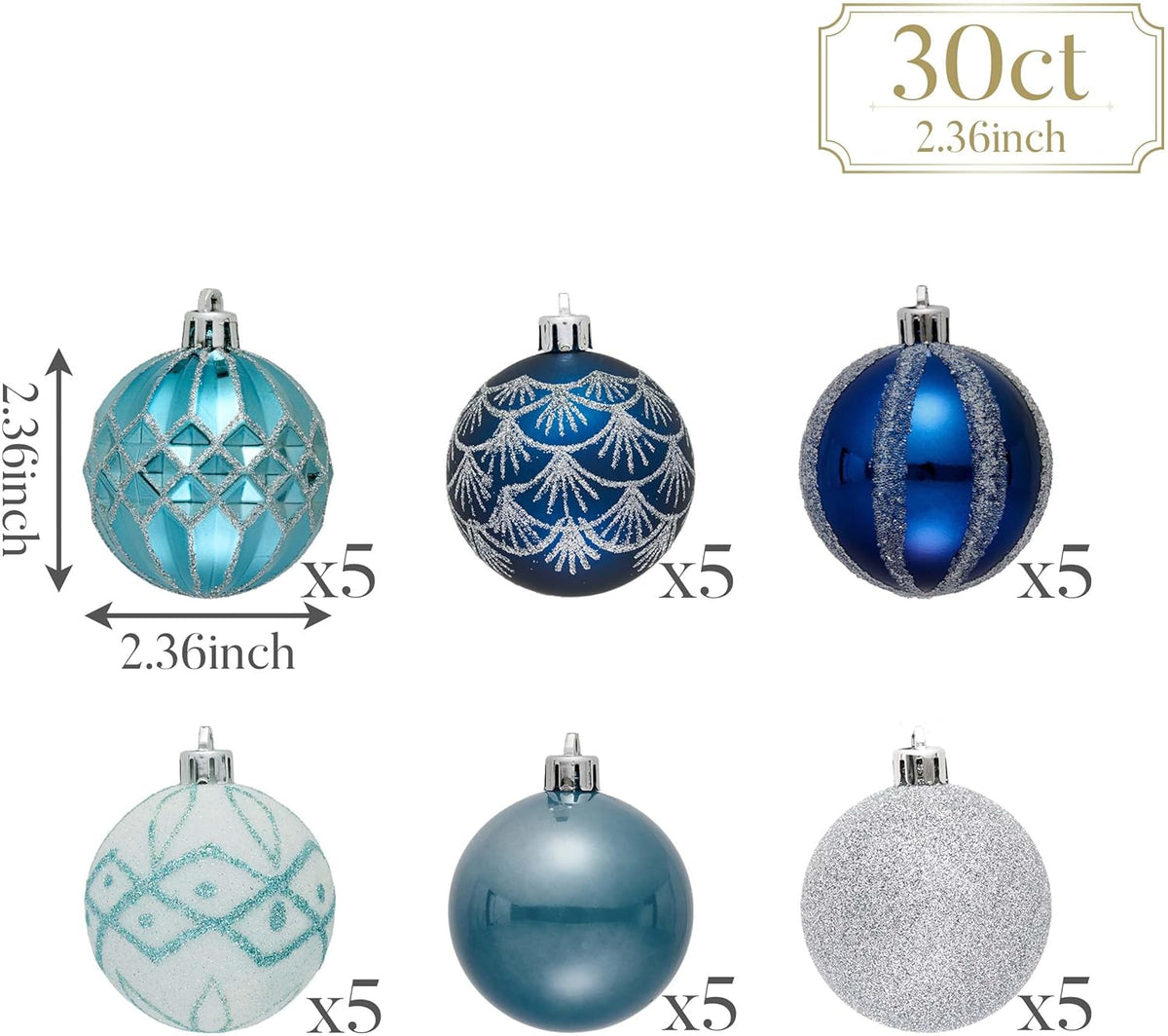 Valery Madelyn Christmas Ornaments Set, 30ct 2.36 Inches Navy Blue and Silver Shatterproof