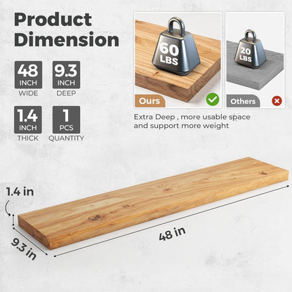 RICHFOCUS Elm Floating Shelves for Wall - 48" W x 9.3" D Rustic Solid Wood Shelves with Invisible