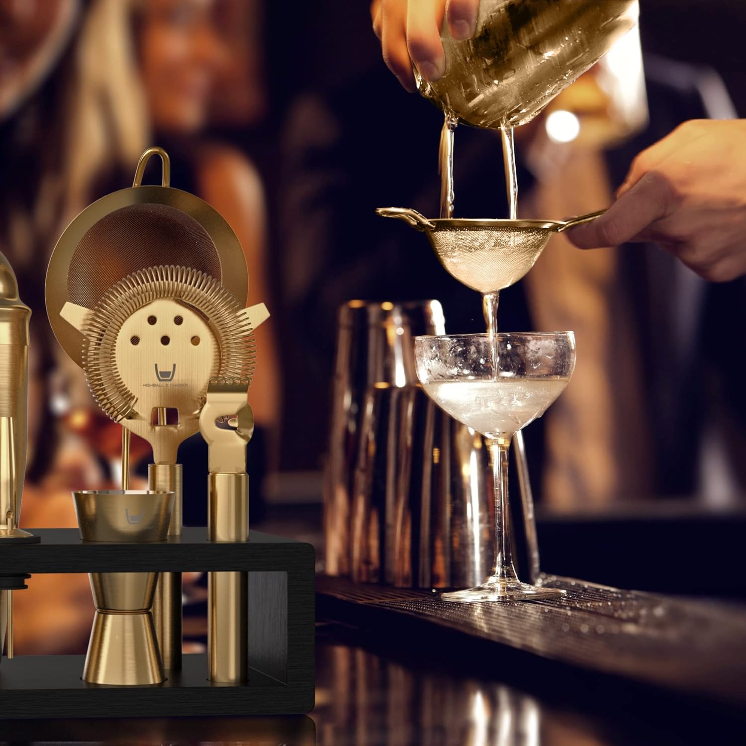 Highball & Chaser Bartender Kit with Espresso Bamboo Stand. Beautiful Cobbler Cocktail Shaker Set