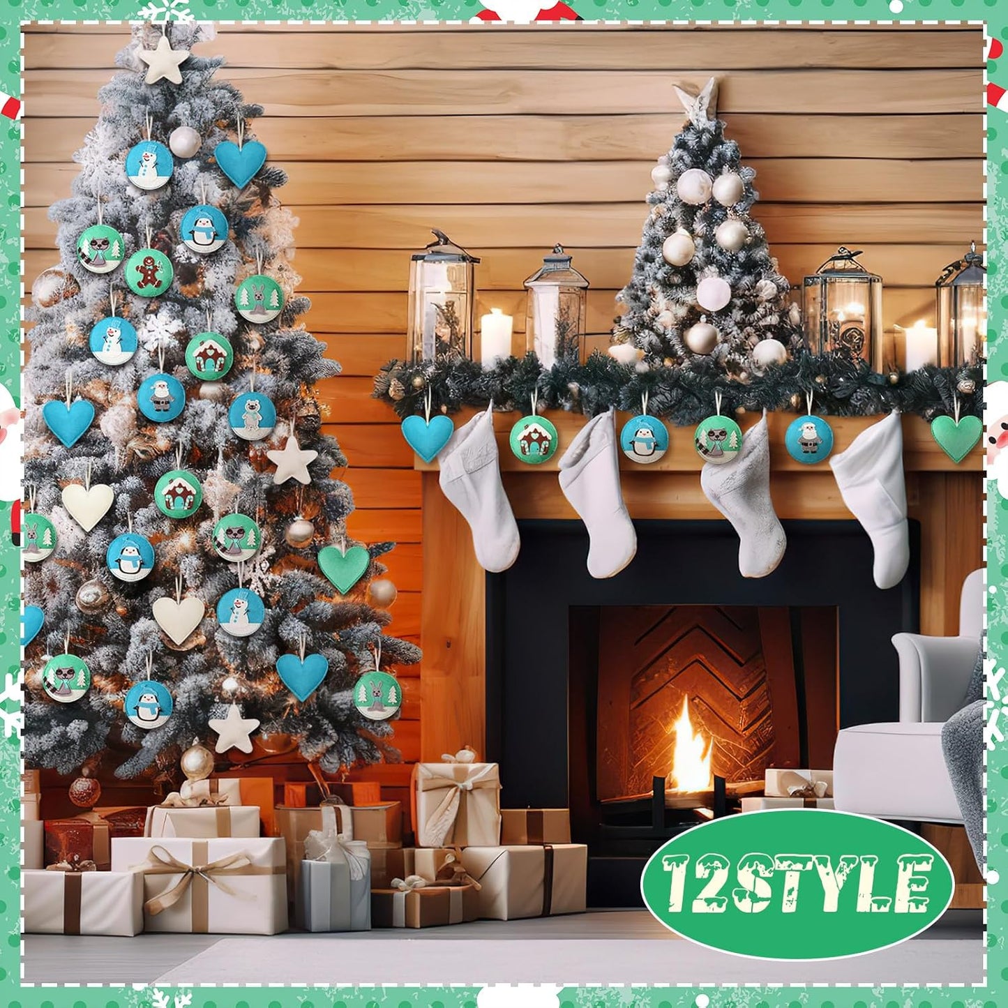 12 Pcs Christmas Felt Ornaments for Tree Santa Claus Snowman Gingerbread 3D White Mint Turquoise