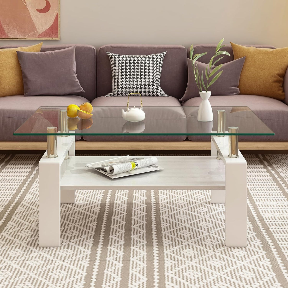 Glass Coffee Table Rectangle Living Room Center Table, with Transparent Tempered Glass Tabletop and