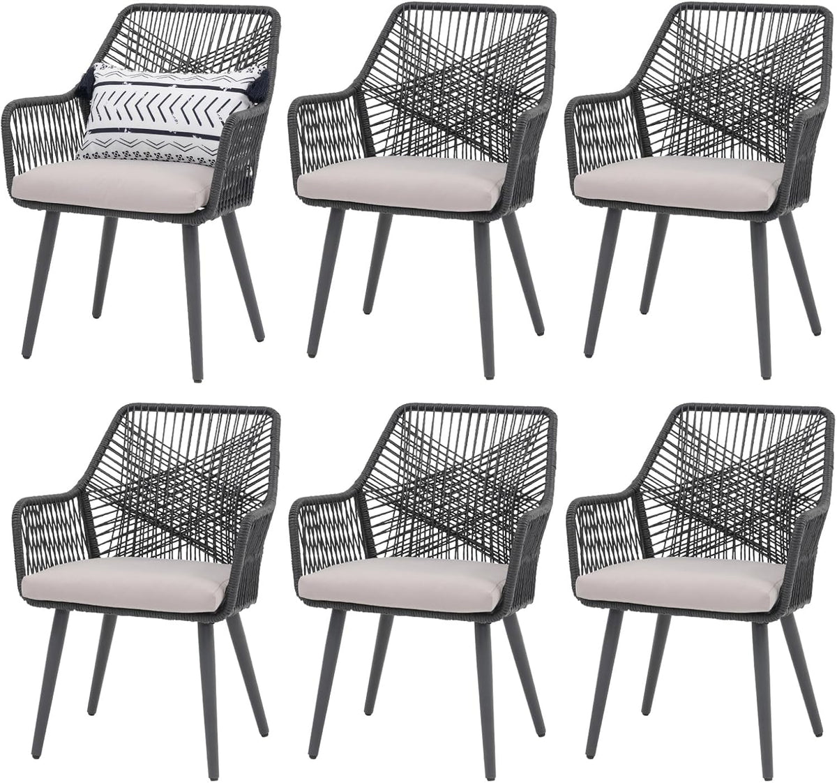 Patiorama Patio Dining Chair Set of 6, Woven Rope Outdoor Dining Chairs w/Steel Frame, All-Weather