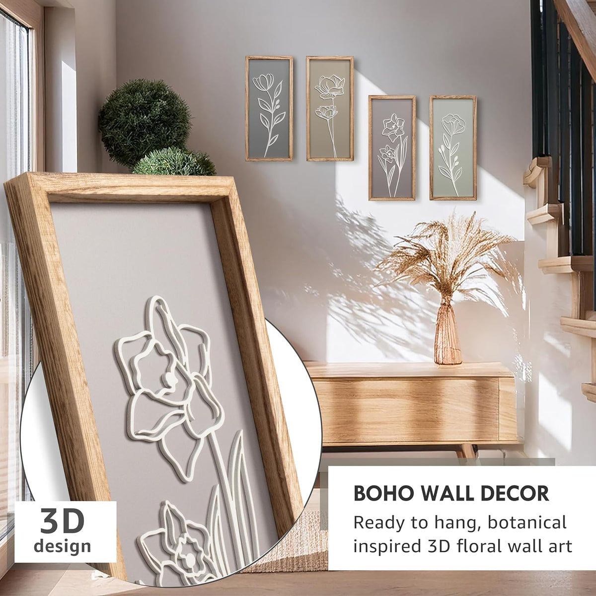 3D Wooden Floral Bathroom Wall Decor (Set of 4) Lightweight, Ready-to-Hang Framed Wall Art For