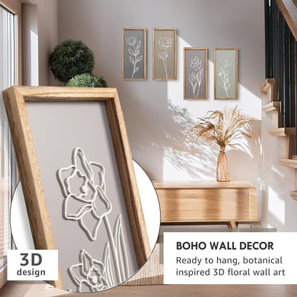 3D Wooden Floral Bathroom Wall Decor (Set of 4) Lightweight, Ready-to-Hang Framed Wall Art For