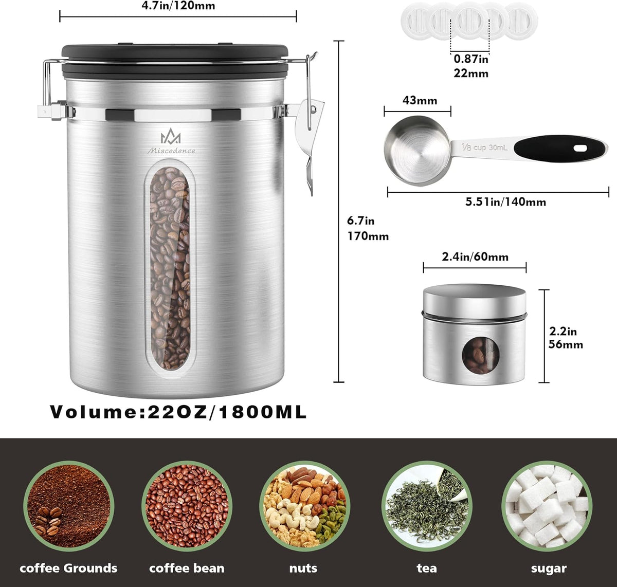 Coffee canister for ground coffee with Transparent Window,Date Tracker,CO2 Valve 304 Stainless