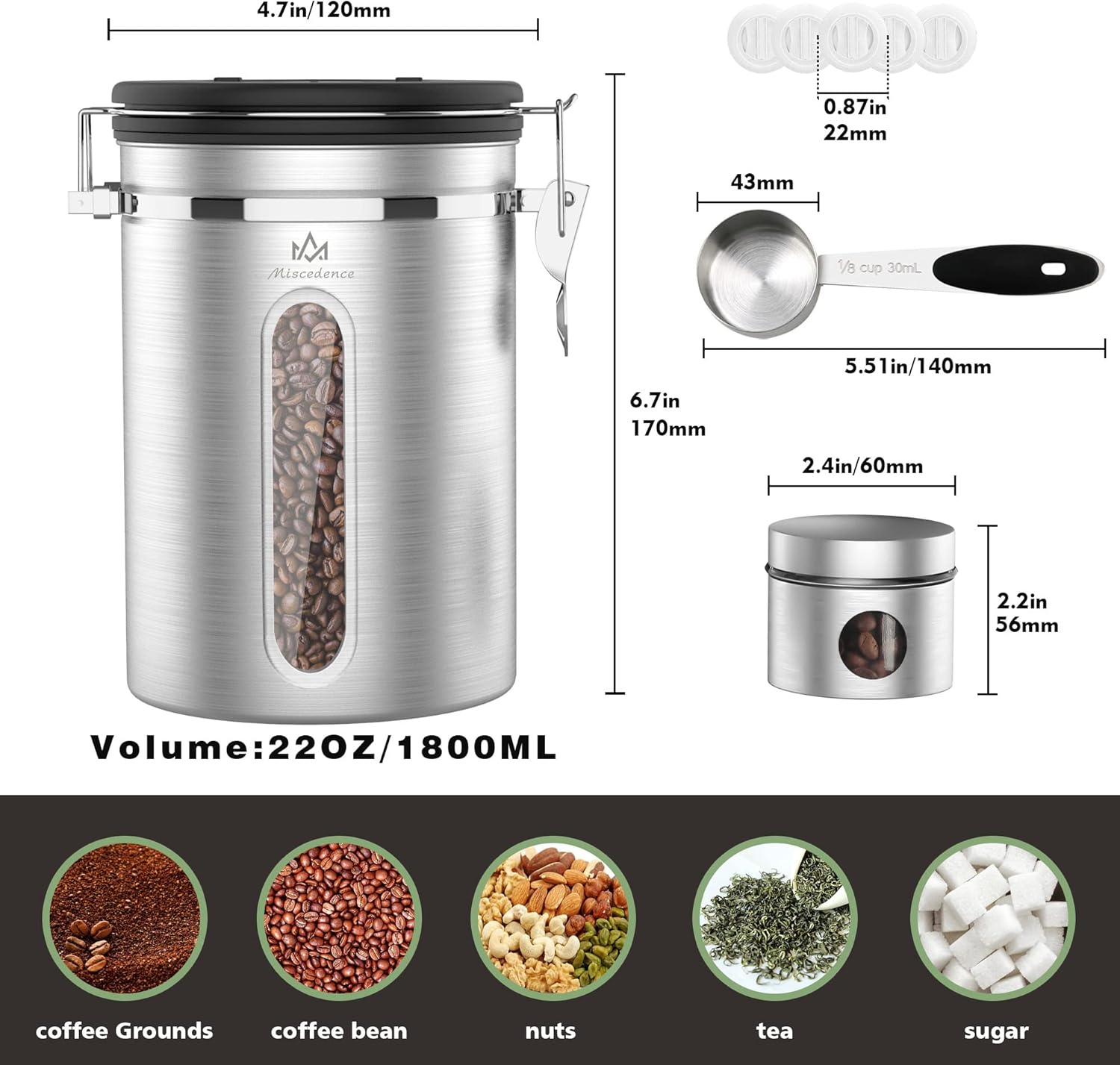 Coffee canister for ground coffee with Transparent Window,Date Tracker,CO2 Valve 304 Stainless