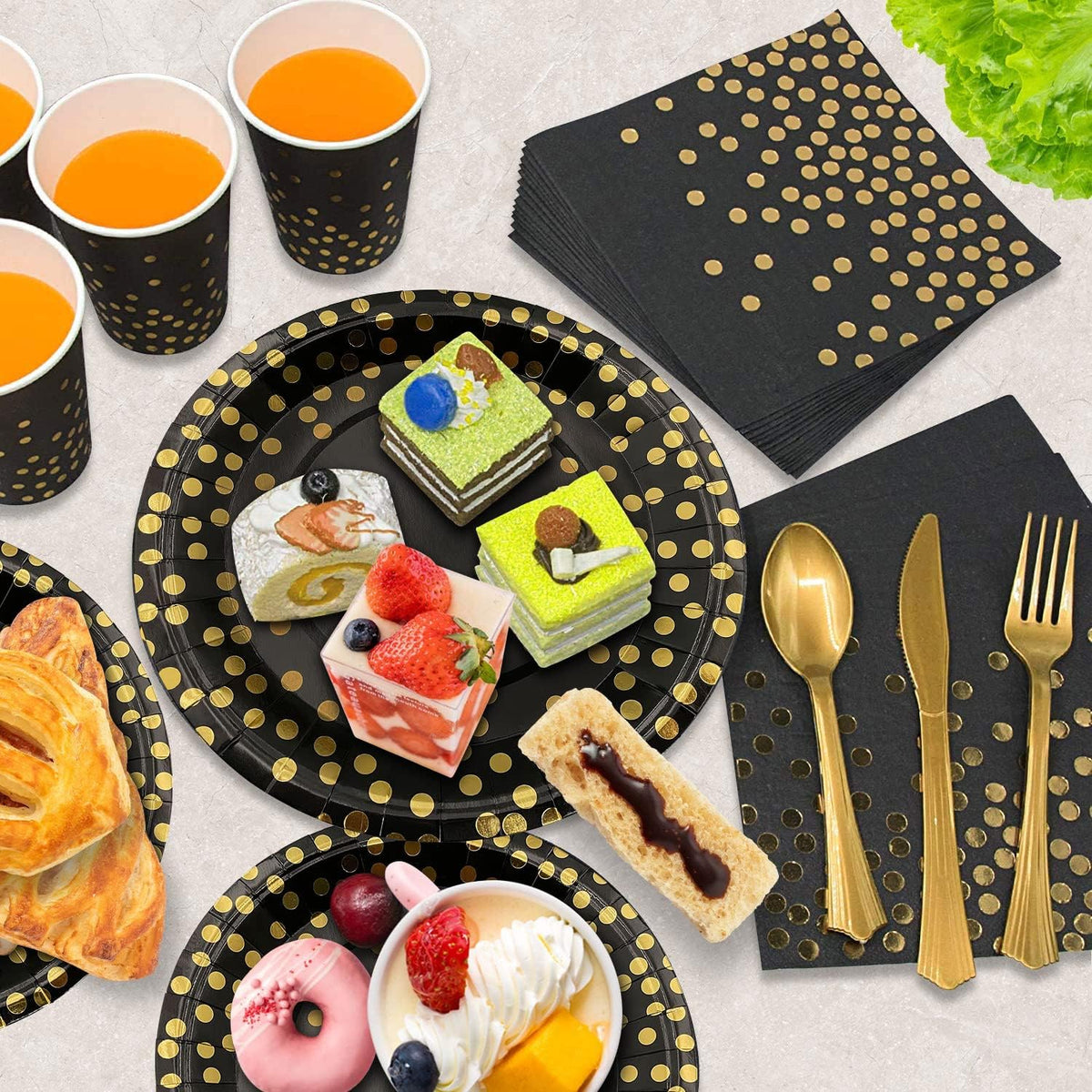 AIRE 175PCS Black and Gold Paper Plates Party Supplies for 25 Guests Disposable Party Decorations