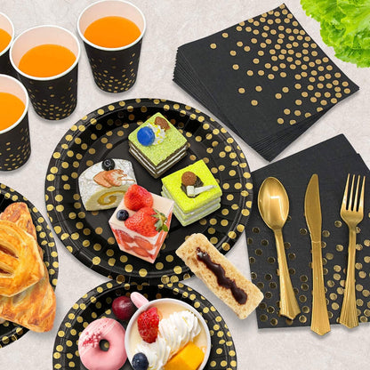 AIRE 175PCS Black and Gold Paper Plates Party Supplies for 25 Guests Disposable Party Decorations