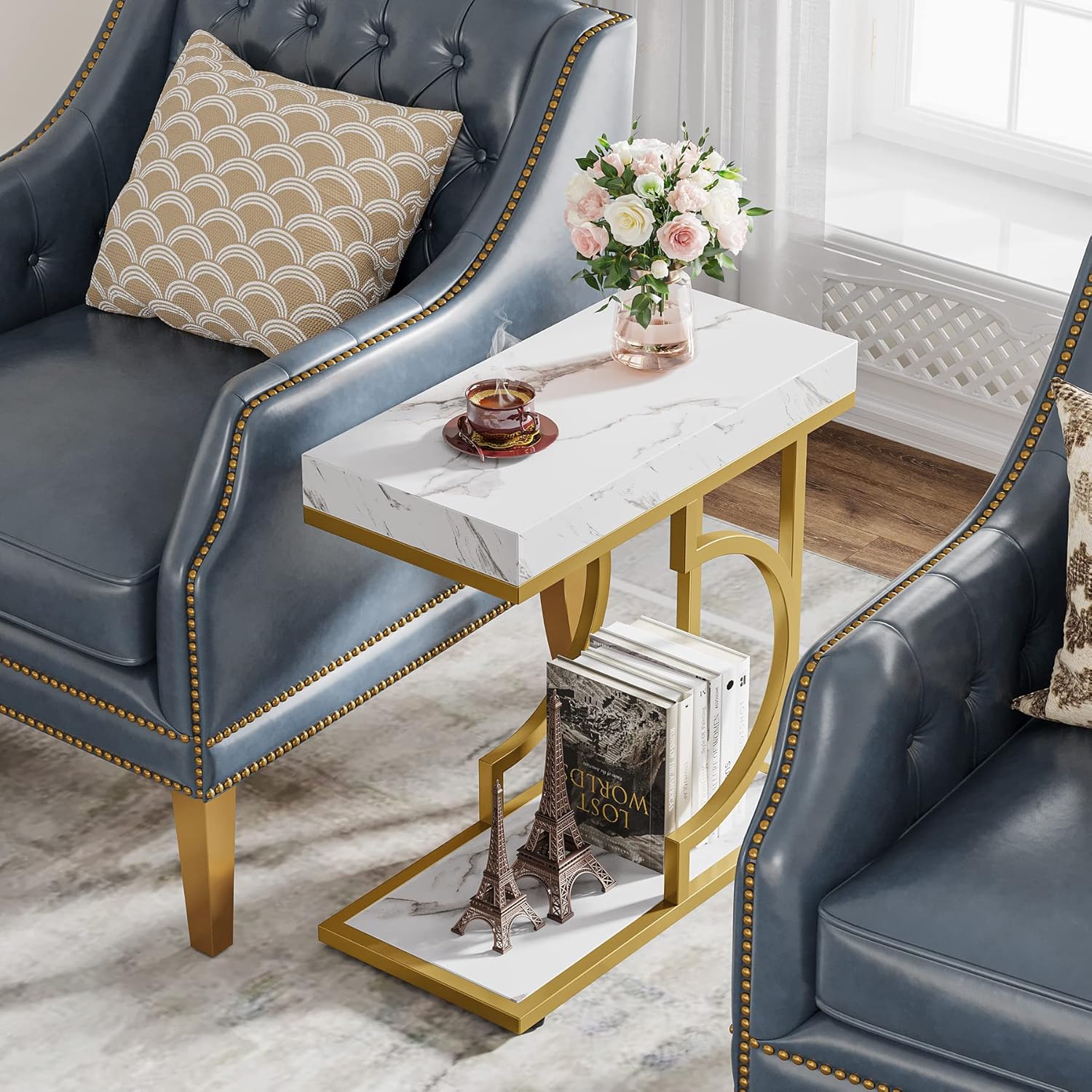 Tribesigns Narrow Side Table White Gold C Shaped End Table Modern Small Bedside Tables for Couch