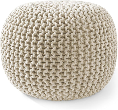 Casafield Round Pouf Ottoman, Natural - 20" Diameter x 14.5" High Cotton Knit Foot Stool - Boho